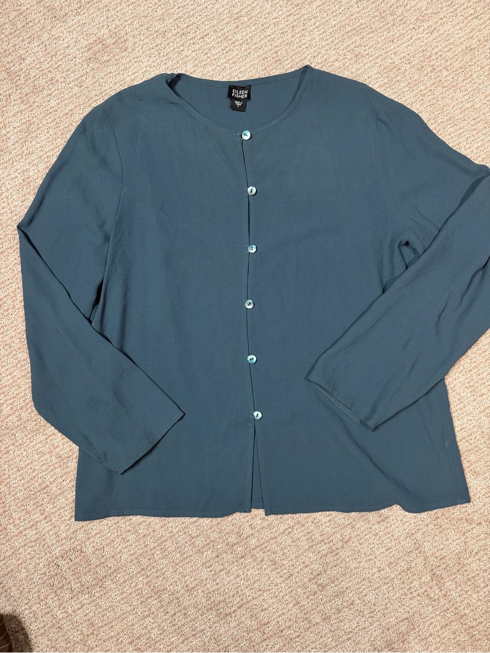 Eileen Fisher 100% Silk Deep Teal Lightweight Button-Front Shirt Size small